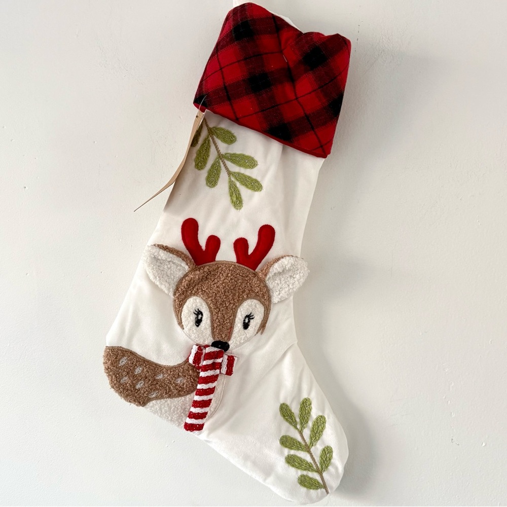Set of 2 Reindeer Christmas Stockings Plush Embroidered Holiday Mantel Decor